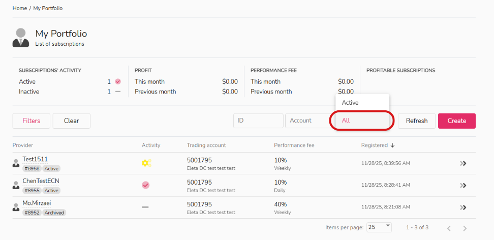 viewing suspended subscription on the My Portfolio page