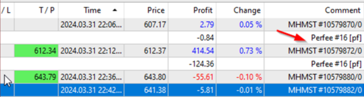 performance fee record seen in the Meta Trader history tab