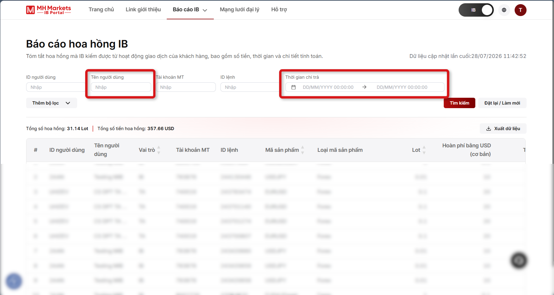 Mở báo cáo hoa hồng IB trong bảng điều khiển IB (IB Dashboard)